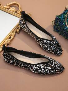 Fashion Color Block Pointed Toe Slip On Flats, Size 35-45, Spring/Autumn, Suitable For Casual Wear And Dresses - Silver Black Sequins - View 8