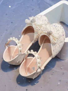 Sandalias planas con lazo y strass para niñas, de unicolor, zapatos de moda y para niños para el verano - Beis - Ver 8