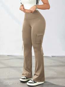 Y2K 宽腰带高弹力口袋带装饰提臀健身运动健身喇叭腿紧身裤工装裤 - 大地色 - 查看 1