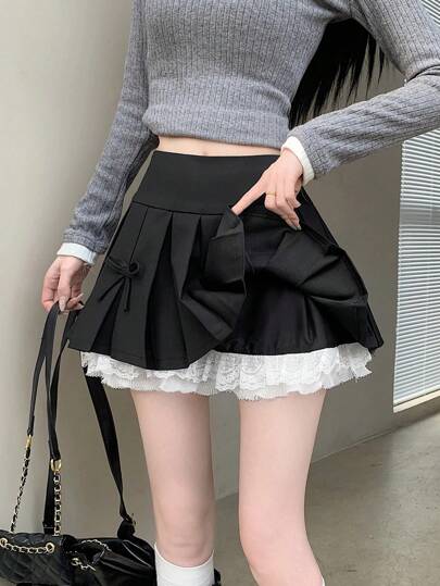 Lace Patchwork Pleated A-Line Skirt, Summer