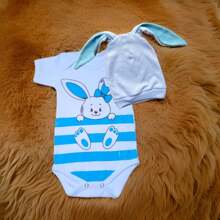 Easter Themed Baby Bodysuit With 2-Piece Kit With Hat - Xanh và trắng - Xem 1