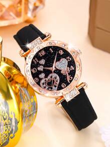 SOKI 6pcs/Set Women's Fashion Luxury Floral Numeral Dial Quartz Watch, Paired With Minimalist Heart Bracelet, Necklace, Earrings, Ring Jewelry Set, Suitable For Women To Wear At Parties, Festivals, Birthdays, Also Makes A Great Gift For Sisters (No Gift Box)