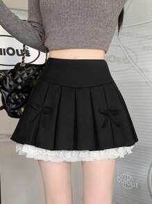 蕾丝拼布褶皱 A 字裙，夏季 - 黑色 - 查看 6