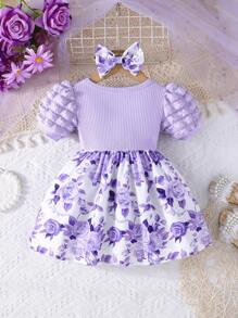2 件套连衣裙，带泡泡袖、蝴蝶结装饰、花卉图案和头巾、节日派对时尚、春夏 - 紫色 - 查看 3