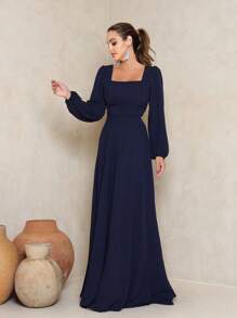 NM Nama Marie Navy Blue Square Neck Long Dress - 藏蓝色 - 查看 3