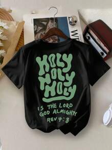 Young Boy Casual Green Holy Letter Print Round Neck Summer T-Shirt - Black - View 1