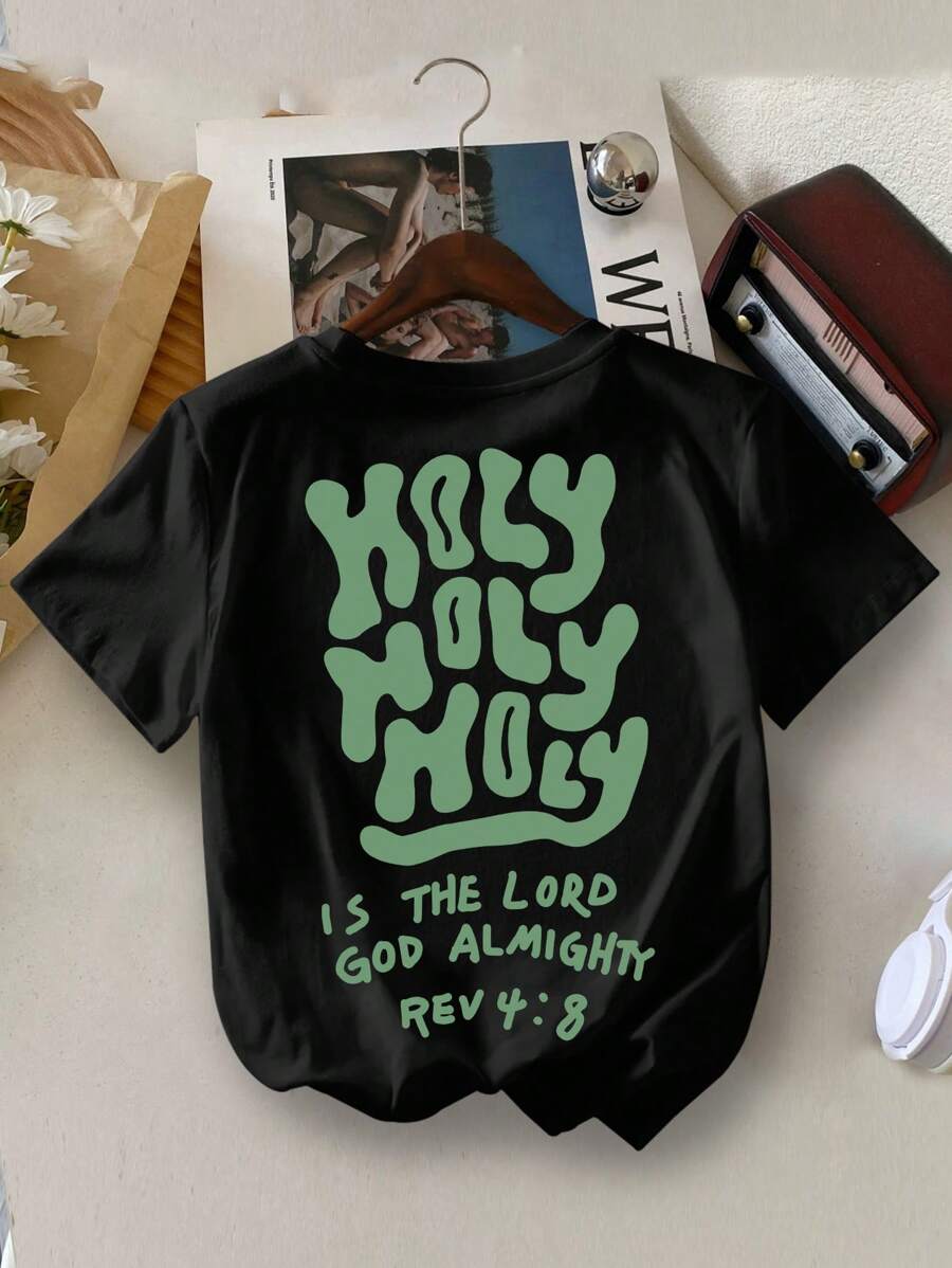 Young Boy Casual Green Holy Letter Print Round Neck Summer T-Shirt - Black - View 1