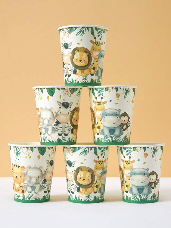10/25 copos de papel descartáveis, copos de papel com tema de animais da selva verde, copos para bebidas geladas e café, adequados para festas de aniversário, reuniões familiares, piqueniques, decoração de festas