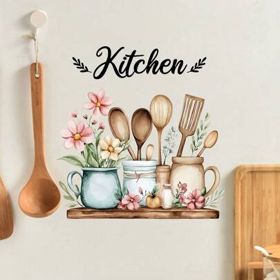 1/2/3/5 Pc, Creative English Slogan Kitchen Utensil Pattern Self-Adhesive Wall Sticker, PVC Waterproof Self-Adhesive, Used For Kitchen And Restaurant Home Decoration, Wall Art Sticker Kitchen Decor