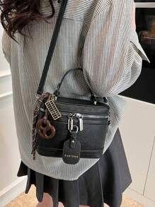 时尚新款优雅纯色 PU 面料便携式方包，迷你 PU 包，纯防水面料酒红色包，字母图案装饰设计盒子包，适合旅行购物、聚会、派对、通勤。