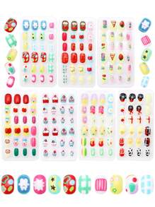 (168pcs 7 Packs) And (24pcs 1 Pack) Children's Acrylic False Nails Press-On Pre-Glued Full Cover Glitter Cute Everyday Food, Macron Biscuits, Small Cakes, Pizza, French Fries, Strawberries, Cherries Other Elements Short Children's Stick-On False Nails Set Suitable For Children Little Girls - Cute Simple Food Festival Party Theme Nail Diamond - Multicolor - View 2