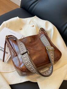 时尚大容量单肩包，百搭女士水桶包 - 棕色 - 查看 7