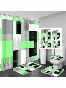 1pc/4pcs Geometric Art Color-Blocking Bathroom Decoration Waterproof Shower Curtain, With 12 Hooks, Bath Mat, U-Shaped Floor Mat, And Toilet Lid Cover, Bathroom Set For Full Scenario