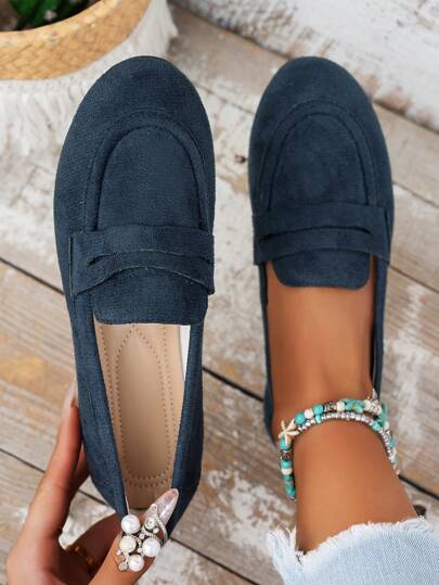 Women's Round Toe Flat Shoes, Fashion Elegant Solid Color Slip-On Loafers, Outdoor Moccasins