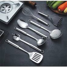 Berglander Cooking Utensil Set 8 Piece, Stainless Steel Kitchen Tool Set With Stand,Cooking Utensils, Slotted Tuner, Ladle, Skimmer, Serving Spoon, Pasta Server,Potato Maseher, Egg Whisk. (8 Pieces) - A. 8 miếng - Xem 3