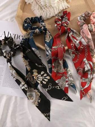1 pieza Scrunchie con cinta larga, Soporte para coleta de estampado ombré de satén, Accesorio de pelo versátil para decorar mochilas, pantalones o usar como pulsera, apto para primavera/verano vuelta al colegio