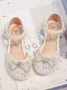 Sandalias planas con lazo y strass para niñas, de unicolor, zapatos de moda y para niños para el verano - Beis - Ver 4