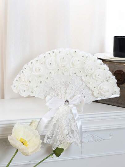 1 件 - 仿真花扇，创意玫瑰和珍珠扇饰，优雅婚礼装饰，婚礼礼物夏季生日海滩返校学校用品房间装饰