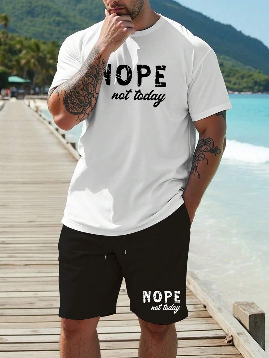 Plus Size Men's T-Shirt Set, Casual Basic Round Neck Short Sleeve T-Shirt + Sports Shorts, Fashionable Minimalist Printed Men's Outfit - Black and White - View 1