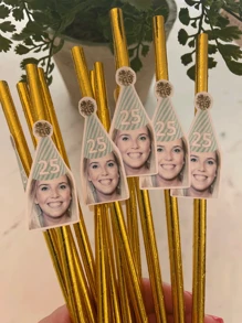 12Pcs Customized Age Number & Face Golden Paper Straws, Single Girl Birthday Party Paper Straws Decor For Wedding, Birthday, Anniversary, Bachelorette Party, Multi-Functional, Ornamental, Reusable, Exquisite, High-Quality, Colorful, Modern, Custom, Personalized, Unique, Ideal Gifts For Her, Dad, Mom, Family, Friends, Tea Room, Home, Garden, Office, For Anniversaries, For Valentine's Day, For Mother's Day, For Father's Day, For Housewarming, Home Refresh, Customized Water Bottle & Cup Accessories - Multicolor - View 9