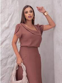 Viscose Twill Skirt And Blouse Set: Short-Sleeved Blouse With Boat Neckline, Flared Midi Skirt With Pockets And Front Slit - 鏽棕色 - 查看 4