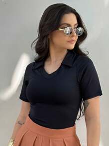Women's Polo Neck Blouse Suplex Modal Wandinha V-Neck Sleeve Baby Look - Black - View 10