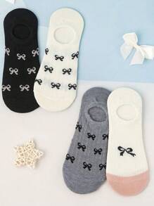 4 Pairs Of Women's Short Socks With Bow Pattern, Simple And Versatile, Boat Socks For Spring And Summer, Soft, Comfortable And Breathable, Suitable For Daily Wear - Multicolor - View 3