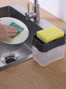 1 Pieza Dispensador de jabón portátil con set de esponja, caja de detergente de cocina con presión, dispensador automático de líquido para lavavajillas, jabón, dispensador creativo con bloque de presión y estante para esponja, adecuado para cocina y baño