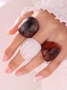 3pcs/Set Vintage Resin Ring Set In Beige And Brown, Elegant Accessory Gift For Friends - Multicolor - View 4