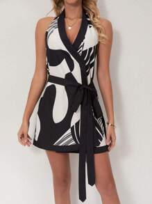 Women's Striped Twist Waist Backless Halter Dress - Multicolor - View 1