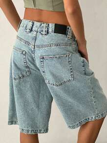Women's Knee Length Denim Shorts Loose Solid Color Low Rise Wide Leg Long Shorts With Pockets For Summer - Light Wash - View 9