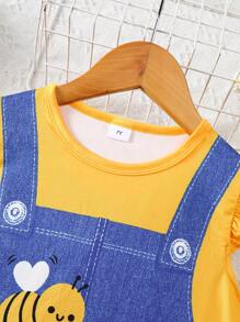 女童无袖连衣裙，春夏无袖连衣裙，卡通蜜蜂印花，柔软面料，亲肤材质，休闲风格，日常穿着，适合4-7岁女孩，女童蜜蜂印花无袖连衣裙 - 黃色 - 查看 9