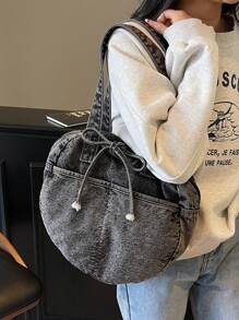 Women's Round Tote Bag, Versatile Casual Shoulder Handbag Large Capacity Denim Purse