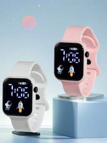 2 piezas/1 pieza Nuevo reloj electrónico digital cuadrado con pantalla LED para dama, diseño de astronauta y avión, correa con hebilla, reloj de pareja de moda minimalista, adecuado para San Valentín, Halloween, Navidad, regalos para amigos, mejores regalos de cumpleaños y uso diario - Multicolor - Ver 8