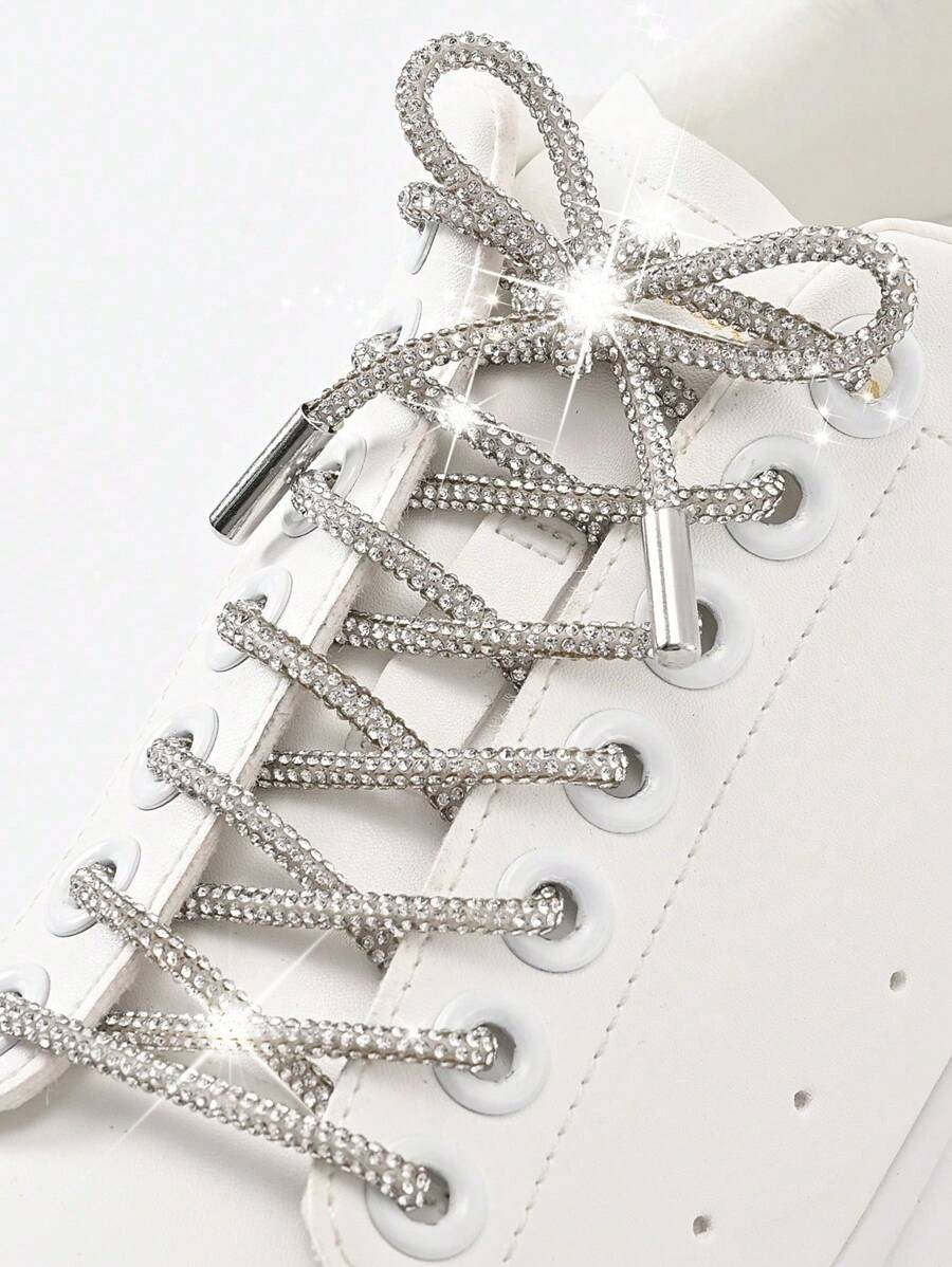 2Pcs White Rhinestone Shoelaces With Rhinestone Decoration, Fashion Diy Lace For Sneakers And Athletic Shoes - White - View 1
