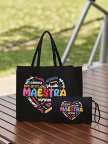 Maestra 手提袋和化妆包套装，包含 1 个手提袋和 1 个零钱包，大容量亚麻购物袋，饰有心形图案、铅笔、尺子、花朵、回形针图案，可收纳护肤品和化妆品。 - 黑色 - 查看 2