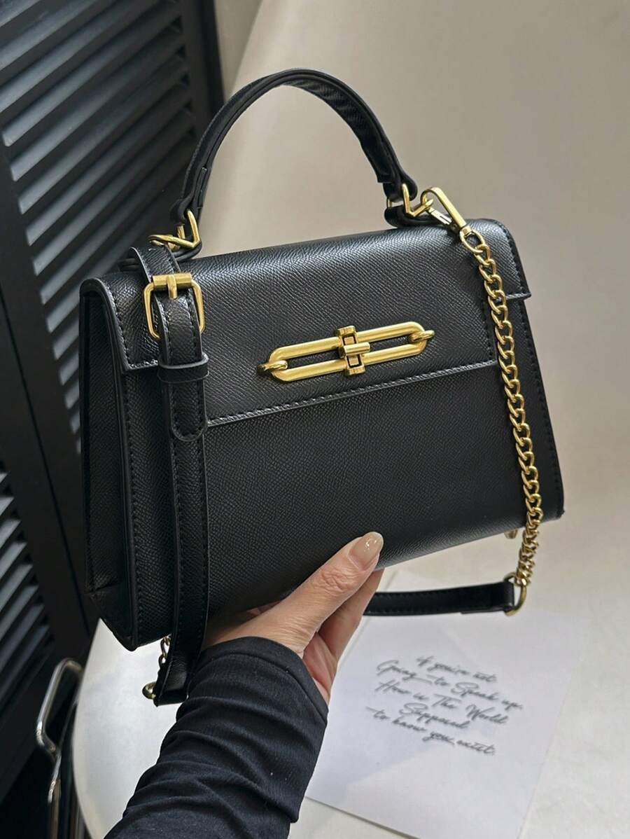Women Elegant Square Handbag With Exquisite Accessories, Can Be Crossbody Or Handheld, Stylish Black Bag With High-End Feeling - Black - View 1