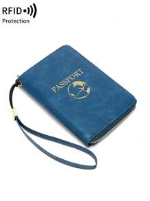 MIYIN RFID Blocking Passport Cover Card Holder With Card Slot ID Window,Solid Color PU Letter&Airplane Pattern Portable Passport Clip Ticket Clip Bank Card Bag Versatile Zippered Mobile Phone Travel Passport Wallet For Men And Women, With Wrist Strap,For Travel Flight Go Abroad For Business,Passport Holder Passport Case Passport Bag Travel Accessories Back To School Stuff (Peacock Blue)
