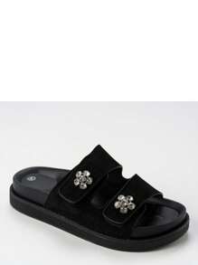 Women's Adjustable Buckle Floral Crystal Decorated Flat Slide Sandals, Suitable For Daily Wear Stylish Sandals Summer Sandals For Women - Black - View 2