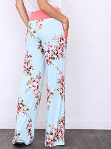 Floral Drawstring Fold Over Band Wide Leg Lounge Pants - 淺藍色 - 查看 2
