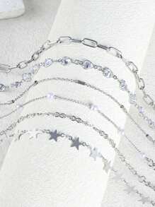 6pcs/1pc Elegant Fashion Copper Heart & Cubic Zirconia Star Charm Bracelets Set, Suitable For Daily Wear & Gifts