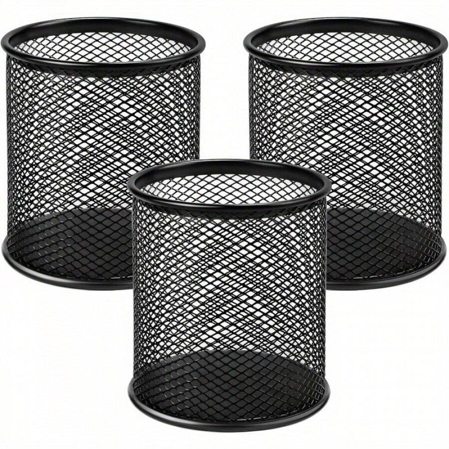 MaxGear Pen Holder 3pcs Pencil Holder For Desk Premium Mesh Metal Desk Organizer With Non-Slip EVA Pad Desk Accessories And Workspace Organizers For Home School And Office Black 3.7 Tall - 黑色 - 查看 1