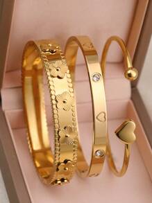 3 件时尚百搭精致高端花卉水晶四叶草心形可打开不锈钢手链套装，镀金防水珠宝，送给妈妈的礼物，适合女性日常佩戴、聚会和度假 - A款四葉草 - 查看 7