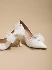 1 对（2 件）可拆卸 DIY 鞋夹，颜色有白色、米色、黑色、酒红色、浅粉色、玫瑰粉色、米色蝴蝶结设计，时尚优雅的鞋饰，适合女士高跟鞋、浅口鞋、办公室、商务、约会装 - 白色 - 查看 5