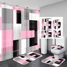 1pc/4pcs Geometric Art Color-Blocking Bathroom Decoration Waterproof Shower Curtain, With 12 Hooks, Bath Mat, U-Shaped Floor Mat, And Toilet Lid Cover, Bathroom Set For Full Scenario