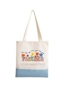 1pc Canvas Patchwork Tote Bag, Customizable Floral Design, Large Capacity, Fashion Minimalist Casual Versatile, Name/Logo Printing, For Shopping, Gift, Foldable, - Multicolor - View 3