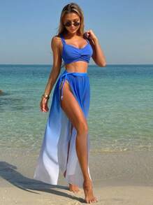 Letni damski konserwatywny zestaw kąpielowy ze spódnicą z siateczki gradientowej, wakacje, 3 szt.