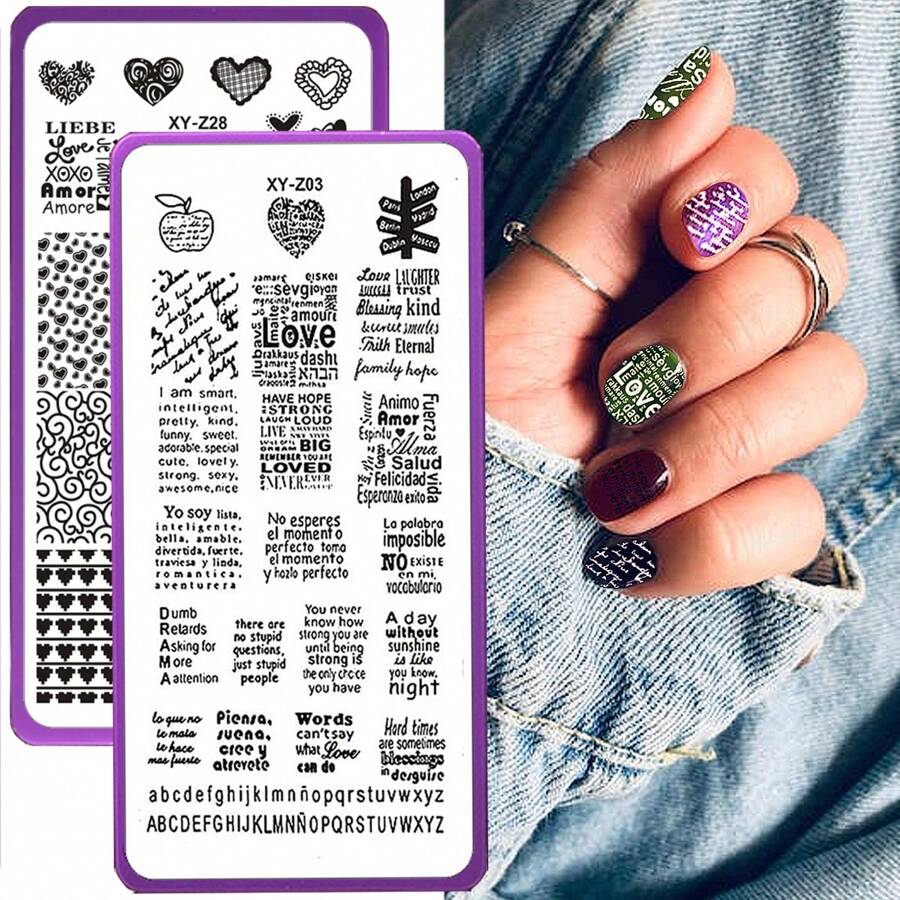 美甲印花板花叶心形印花模板几何蕾丝字母线条主题美甲不锈钢板转印图像板美甲工具 - 藍色 - 查看 1