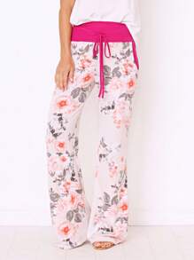 Floral Drawstring Fold Over Band Wide Leg Lounge Pants - 白色 - 查看 5