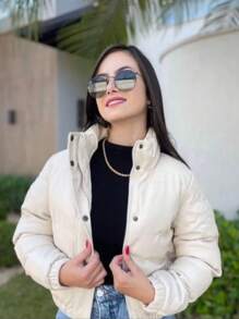 Jaqueta couro puffer femenina, forrada, com touca, estilosa, noite, frio, casual, com bolso, super quente. - Branco - Visão 2